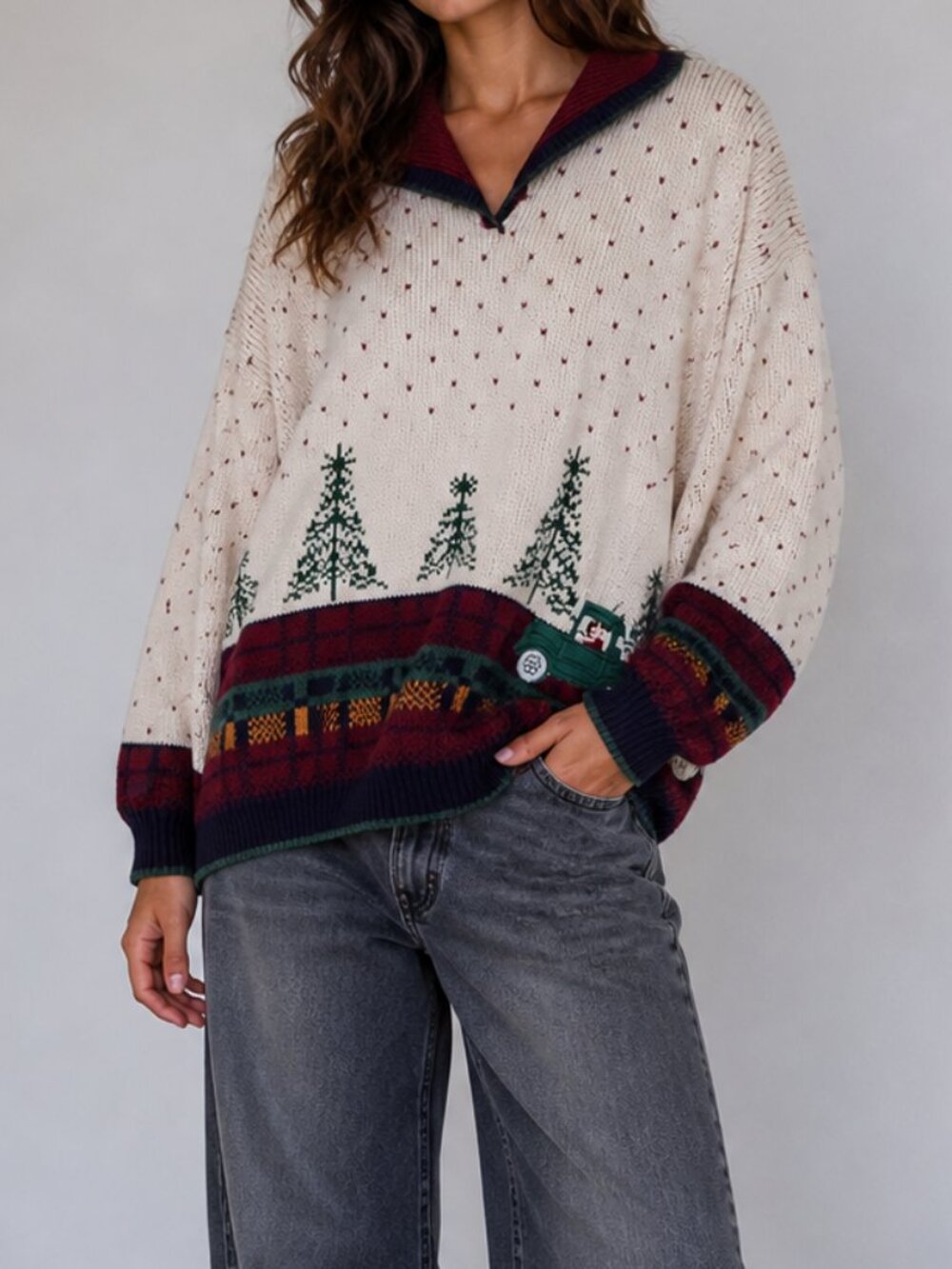 Vintage Sweater Loft 3X Oversized Christmas Cabin Scene Knit USA